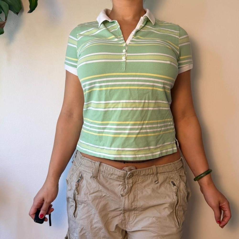 Caslon Green Yellow Striped Baby Tee Polo Shirt Petite Large Y2K 90s CN95297MP